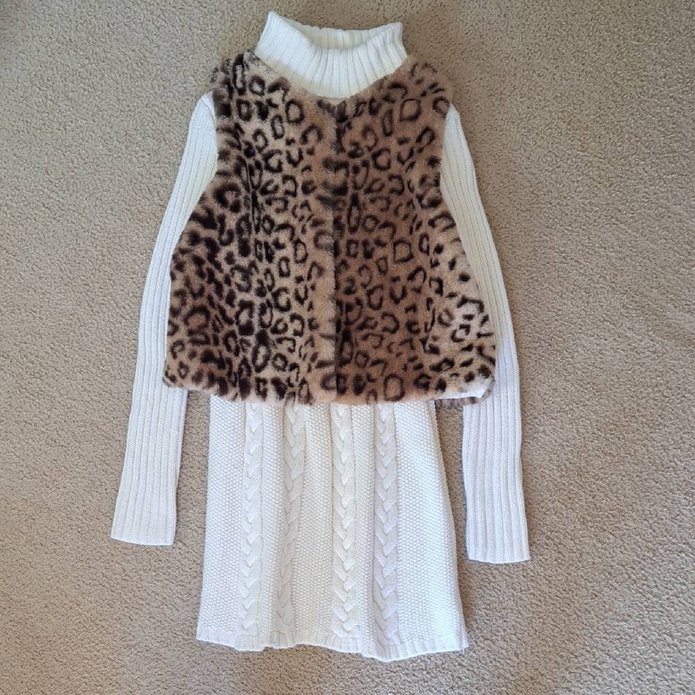 Kids' Leopard Print Faux Fur Vest with White Knit Dress